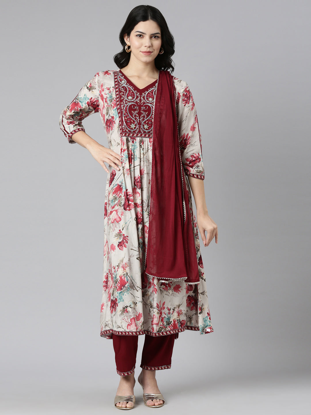 Neerus Maroon printed straight kurta set with dupatta - front view