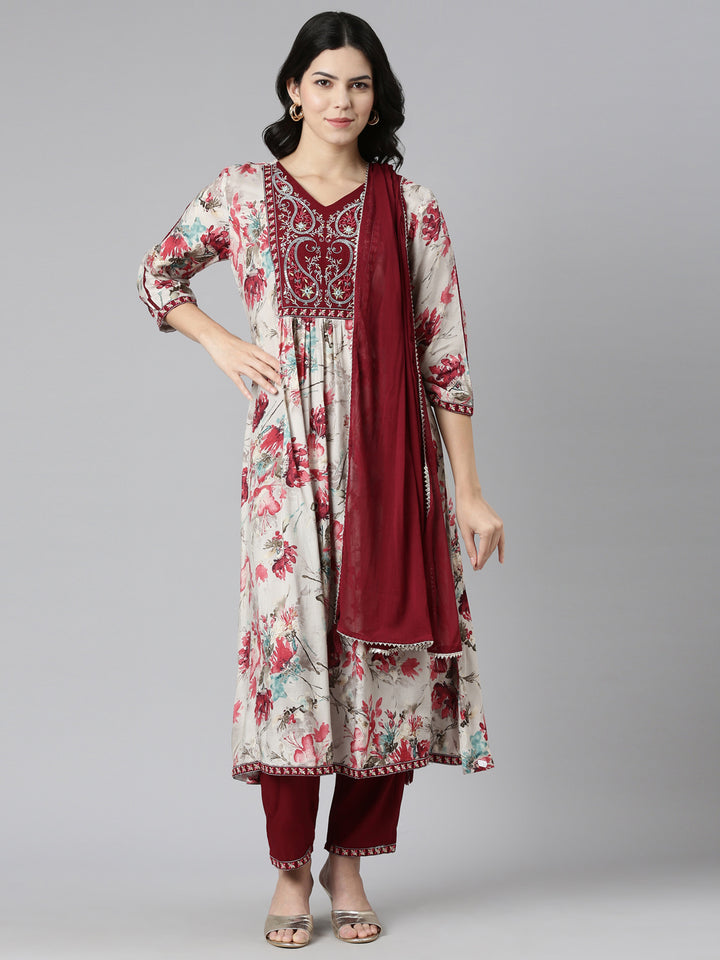 Neerus Maroon printed straight kurta set with dupatta - front view