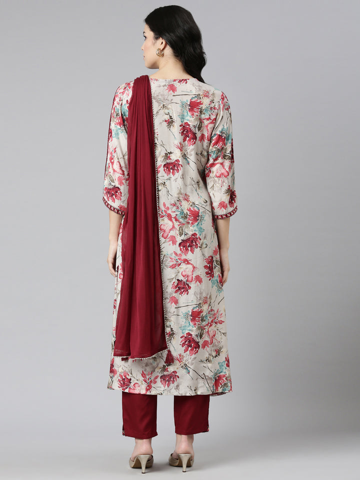 Neerus Maroon printed straight kurta set with dupatta - side view