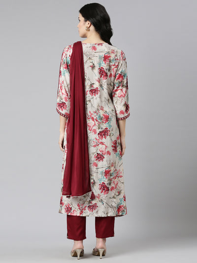 Neeru's Maroon Regular Straight Printed Readymade suits