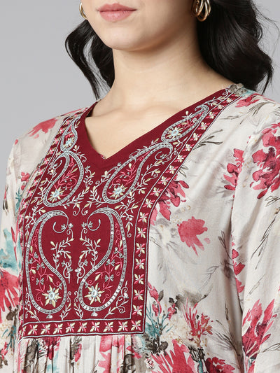 Neeru's Maroon Regular Straight Printed Readymade suits