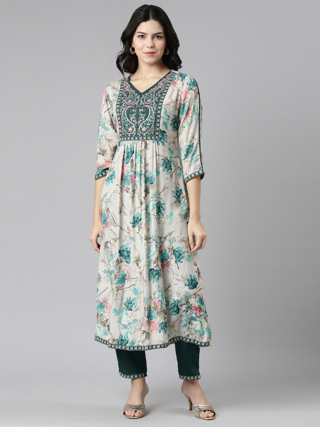 Neerus Green printed straight kurta set with dupatta - front view