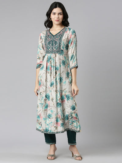 Neerus Green Regular Straight Printed Kurta And Trousers With Dupatta