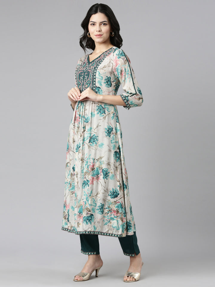 Neerus Green printed straight kurta set with dupatta - back view