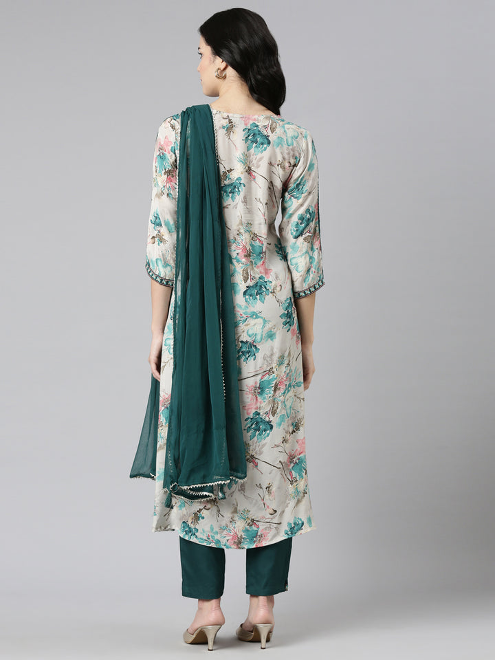 Neerus Green printed straight kurta set with dupatta - side view