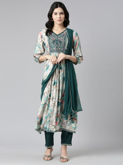 Neerus Green Regular Straight Printed Kurta And Trousers With Dupatta