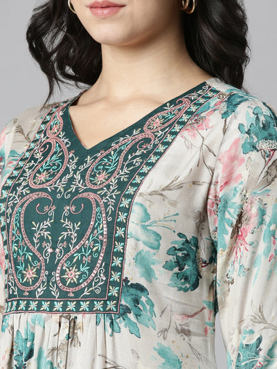 Neerus Green Regular Straight Printed Kurta And Trousers With Dupatta
