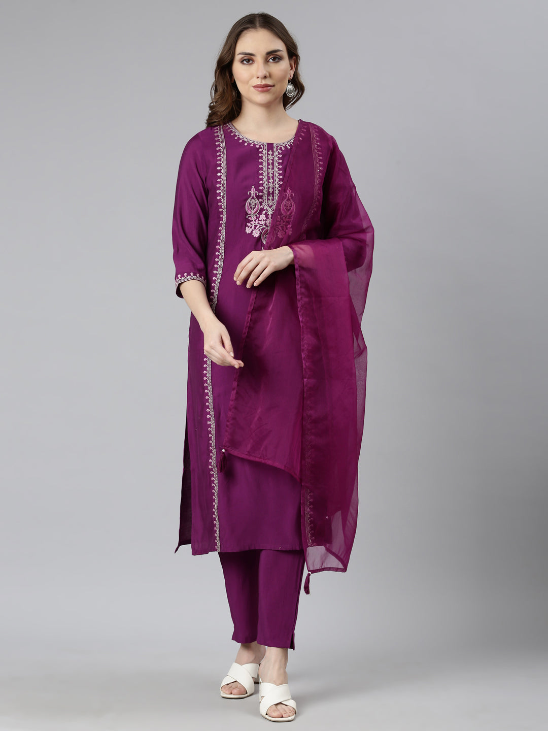 Neerus Purple solid straight suit set with dupatta - front view