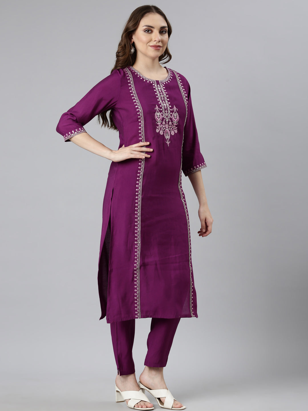 Neerus Purple solid straight suit set with dupatta - back view