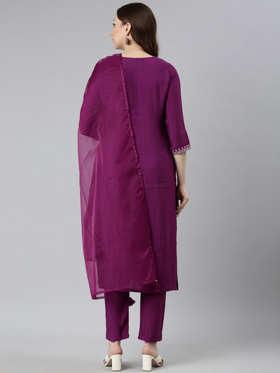 Neerus Purple Regular Straight Solid Kurta And  Trousers With Dupatta