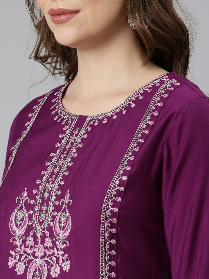 Neerus Purple solid straight suit set with dupatta - detail view 1