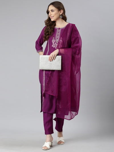 Neerus Purple Regular Straight Solid Kurta And  Trousers With Dupatta