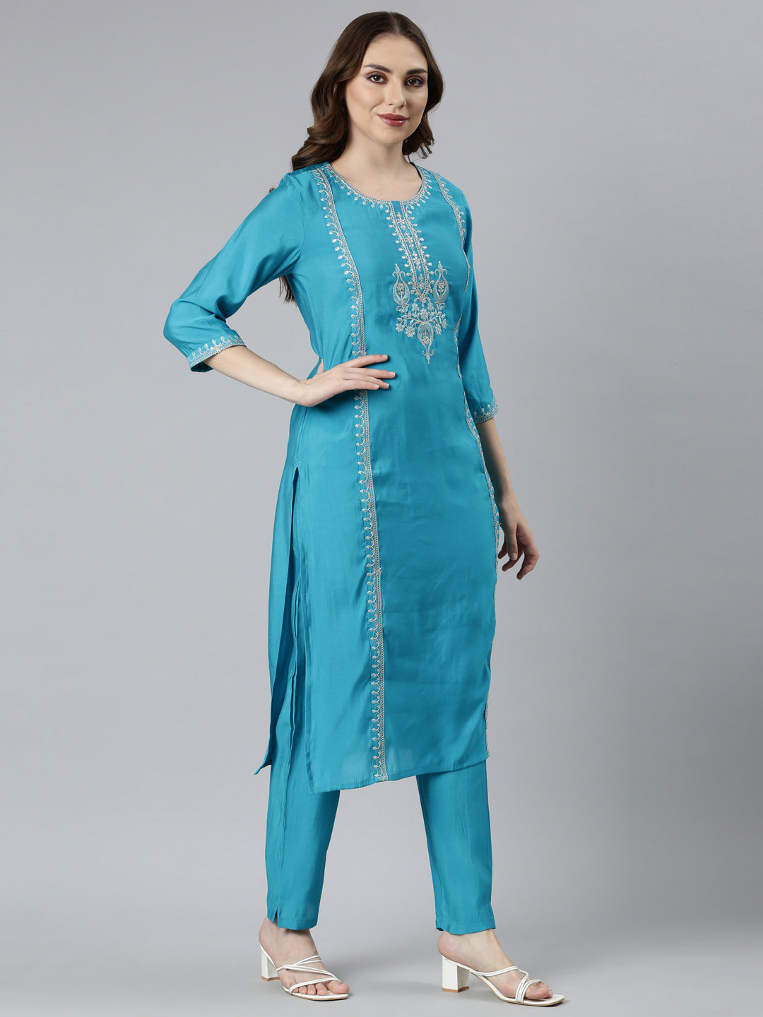 Neerus Green Regular Straight Solid Kurta And  Trousers With Dupatta