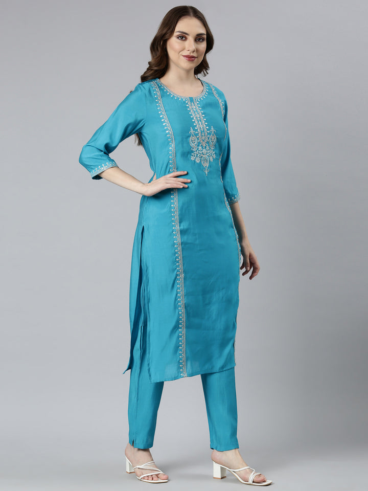 Neerus Green Regular Straight Solid Kurta And  Trousers With Dupatta