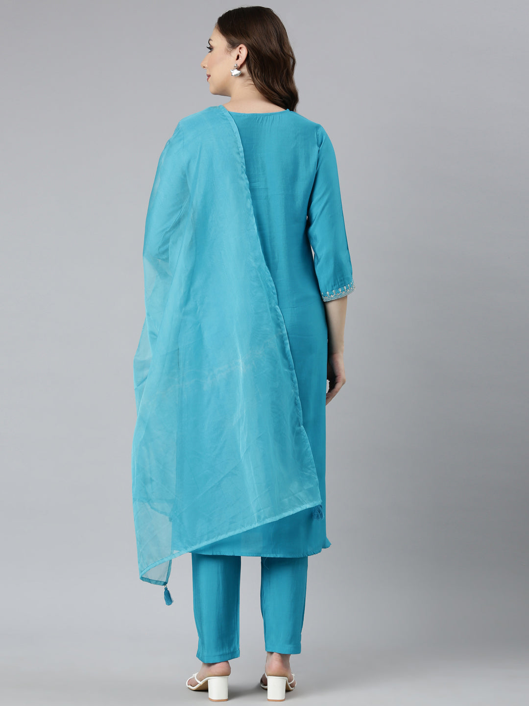 Neerus Green Regular Straight Solid Kurta And  Trousers With Dupatta
