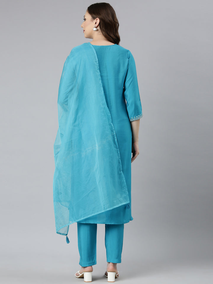 Neerus Green Regular Straight Solid Kurta And  Trousers With Dupatta