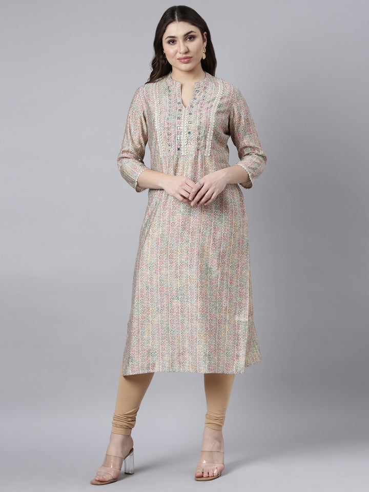 Neerus Beige Regular Straight Floral Kurtas