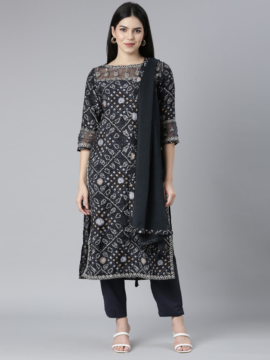 Neerus Grey Bandhani printed straight kurta set - front view