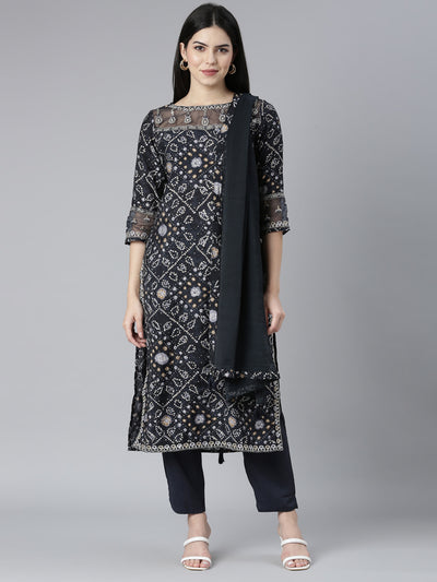 Neerus Grey Regular Straight Bandhani Kurta And Trousers With Dupatta