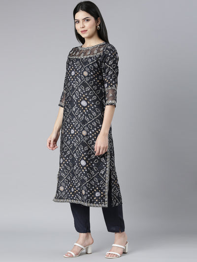 Neerus Grey Regular Straight Bandhani Kurta And Trousers With Dupatta