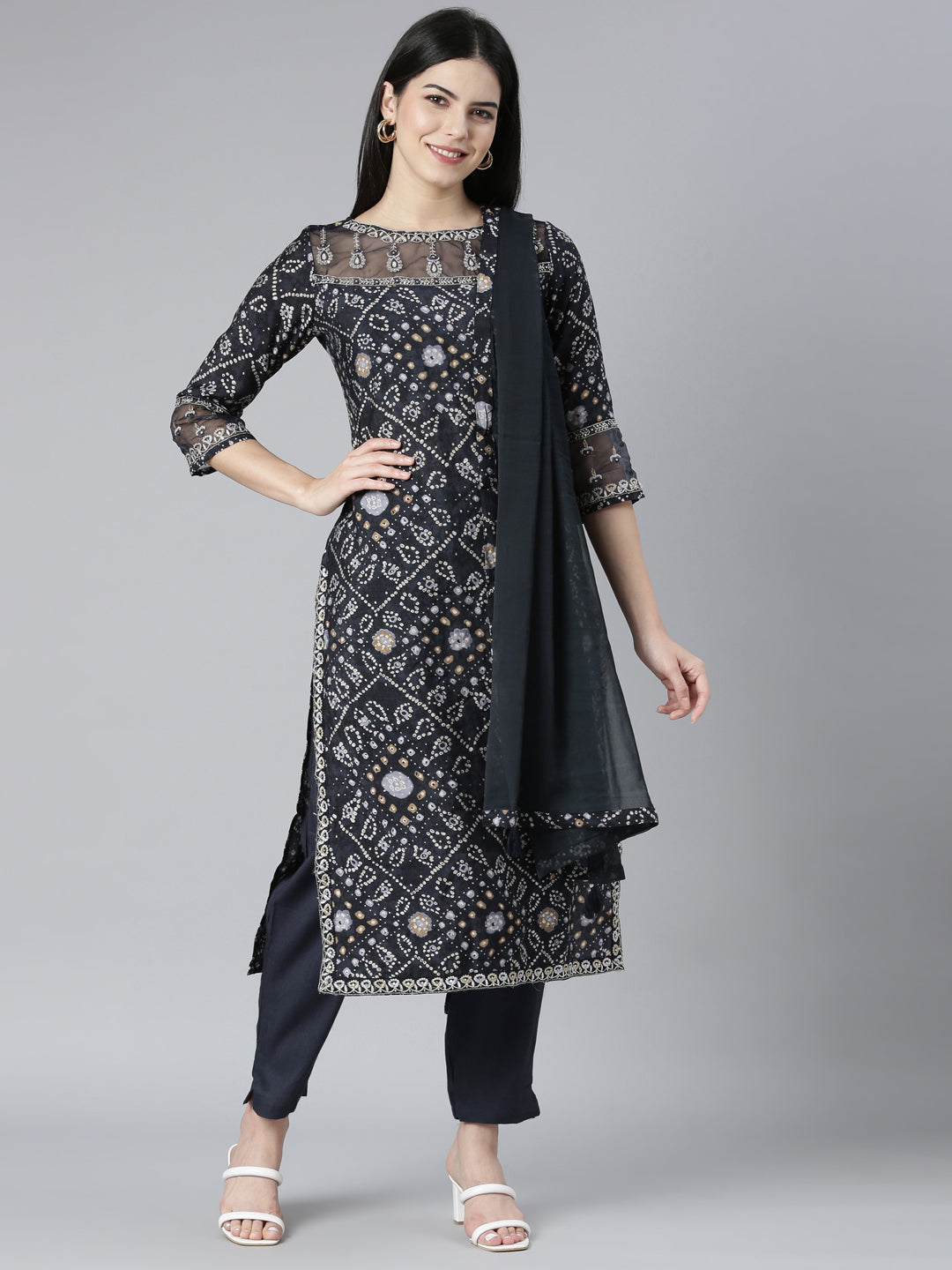 Neerus Grey Bandhani printed straight kurta set - detail view 2