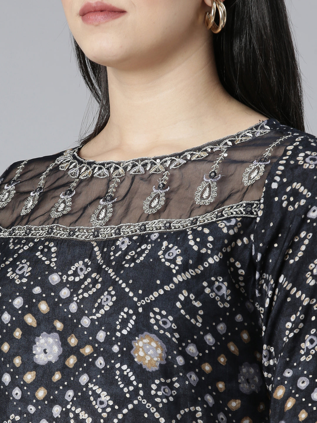 Neerus Grey Bandhani printed straight kurta set - detail view 1