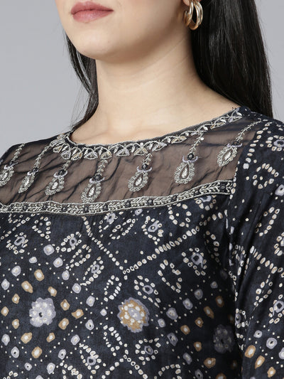 Neerus Grey Regular Straight Bandhani Kurta And Trousers With Dupatta