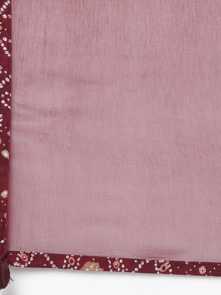 Neerus Maroon Bandhani printed kurta set with trouser and dupatta - detail view 4