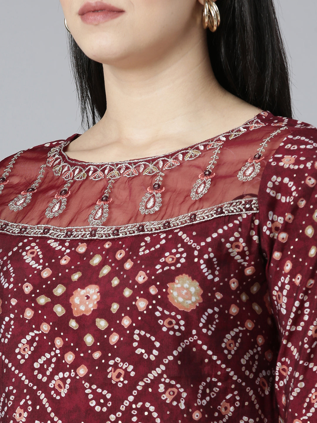 Neerus Maroon Bandhani printed kurta set with trouser and dupatta - detail view 1
