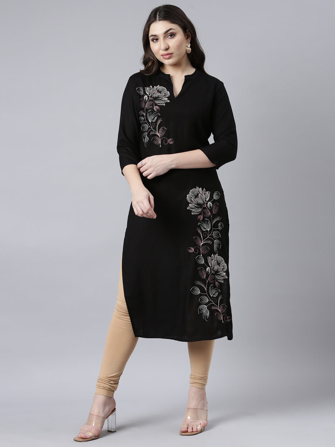 Neerus Black floral printed straight kurti - front view