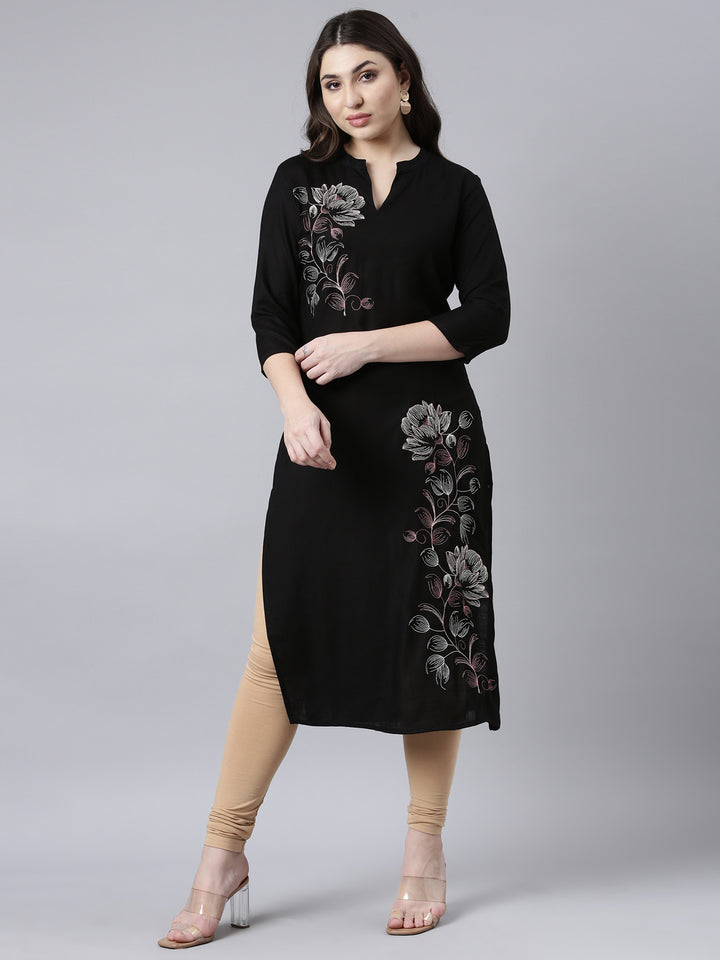 Neerus Black floral printed straight kurti - front view