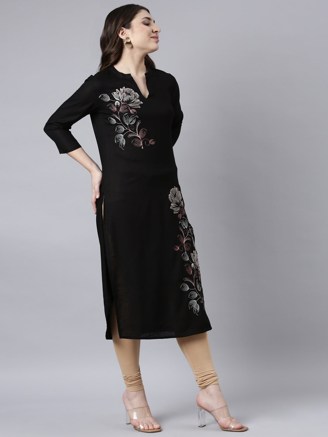 Neerus Black floral printed straight kurti - back view