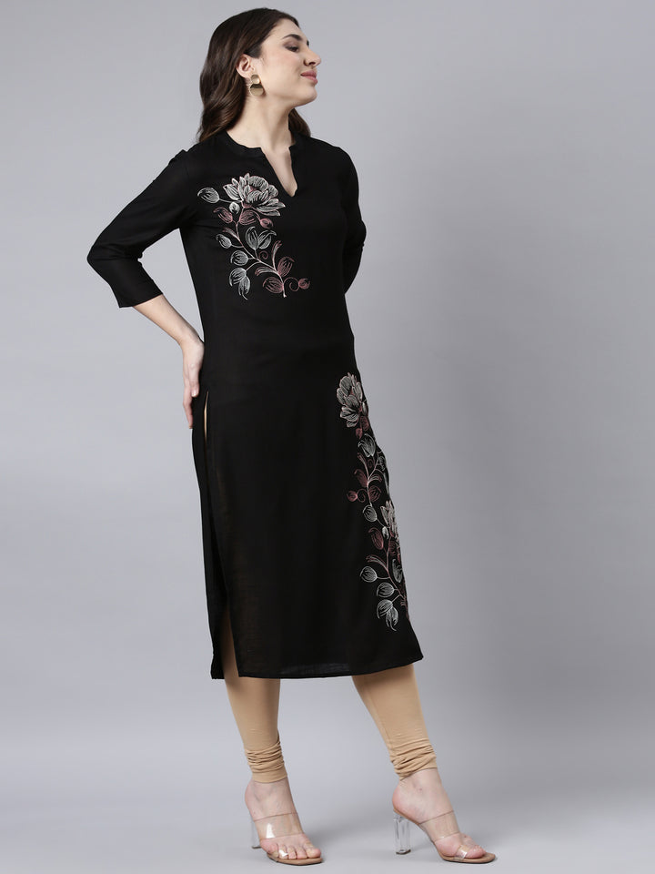 Neerus Black floral printed straight kurti - back view