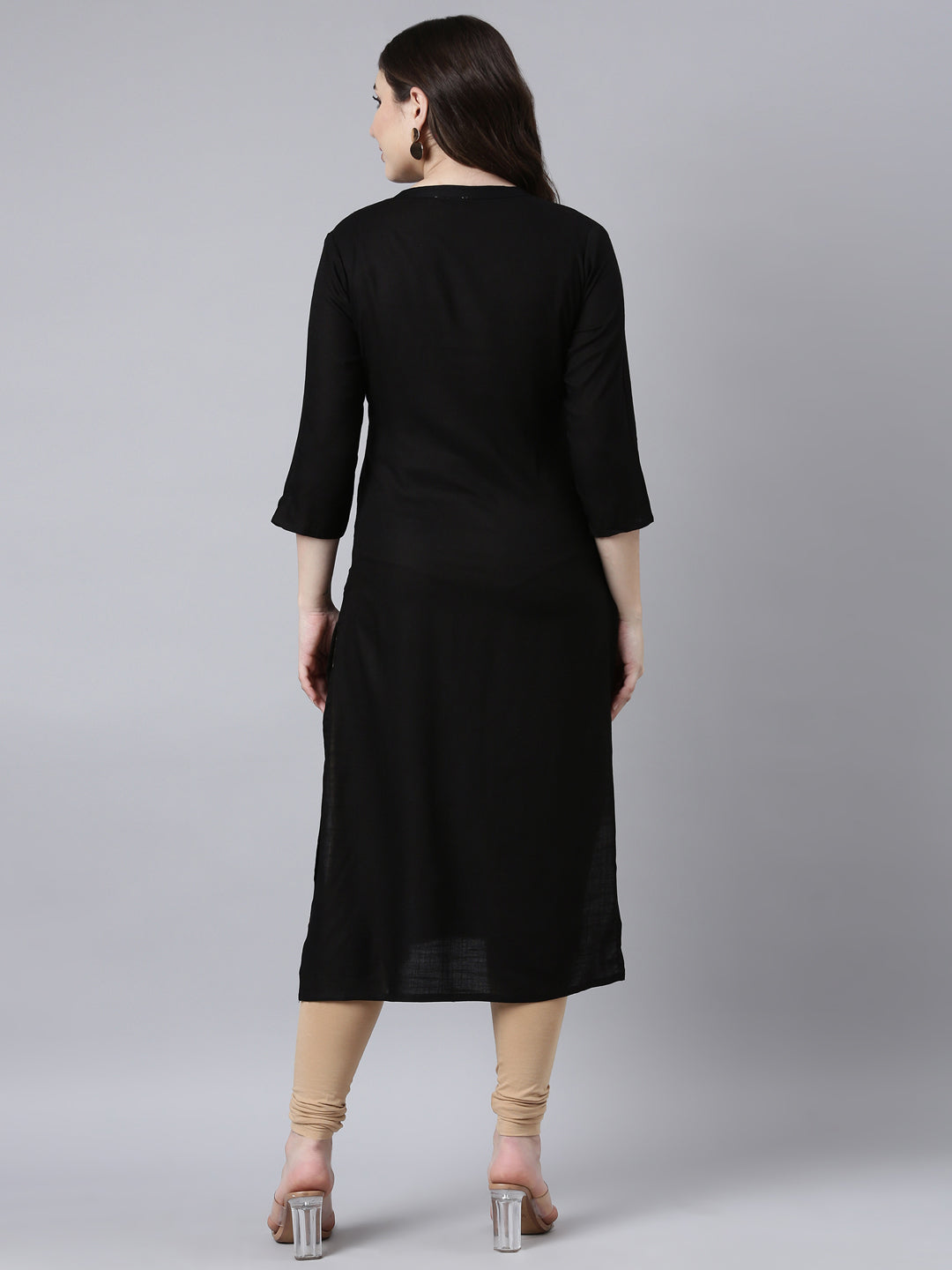 Neerus Black floral printed straight kurti - side view