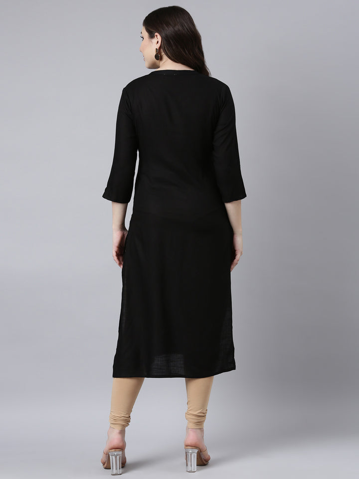 Neerus Black floral printed straight kurti - side view