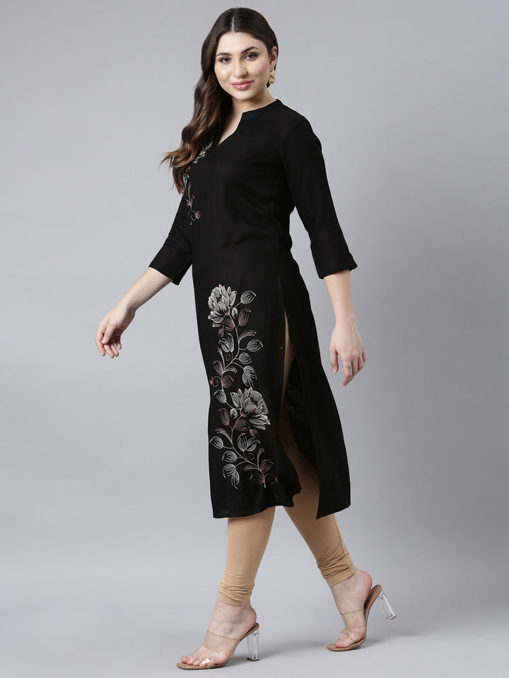 Neerus Black floral printed straight kurti - detail view 2
