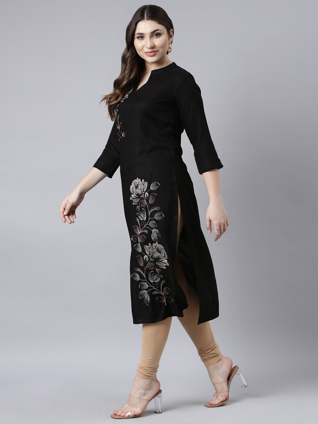 Neerus Black Regular Straight Floral Kurtas
