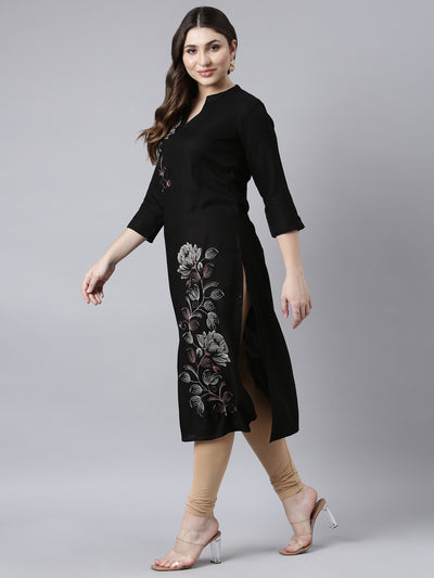 Neerus Black Regular Straight Floral Kurtas