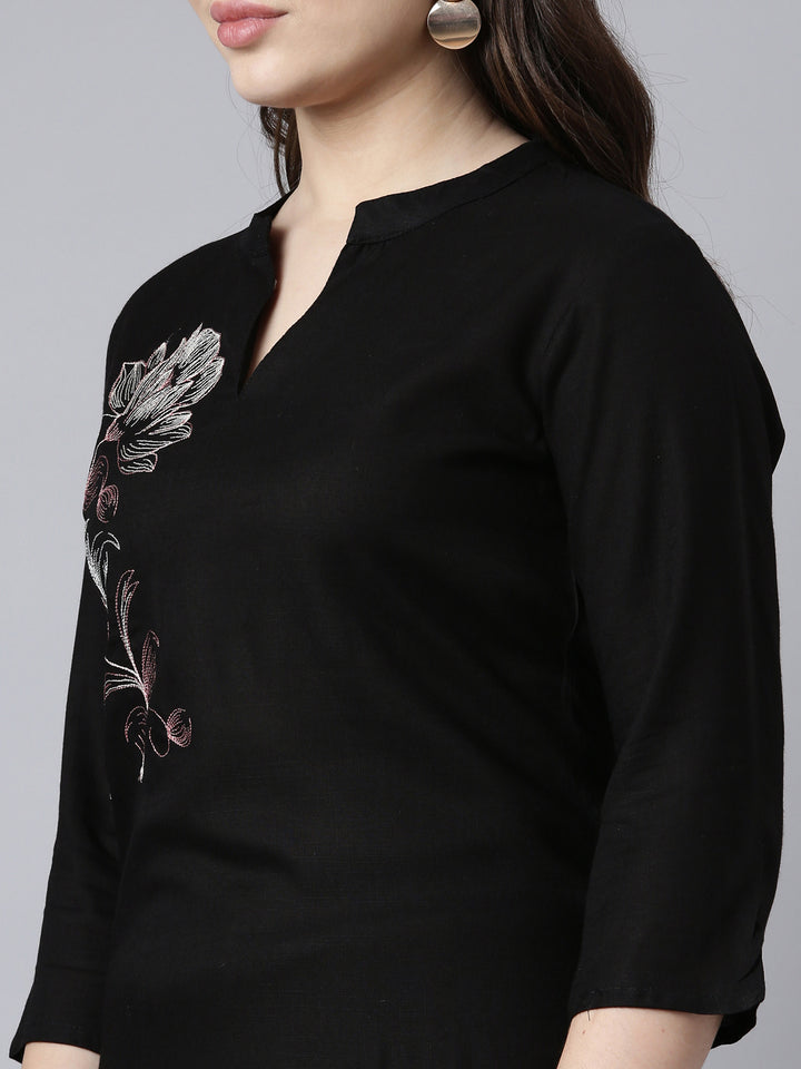 Neerus Black floral printed straight kurti - detail view 1