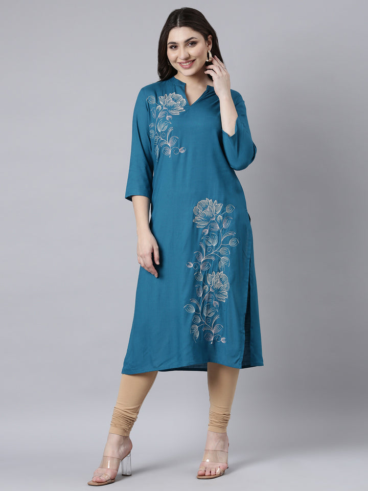 Neerus Blue floral printed straight kurti - front view