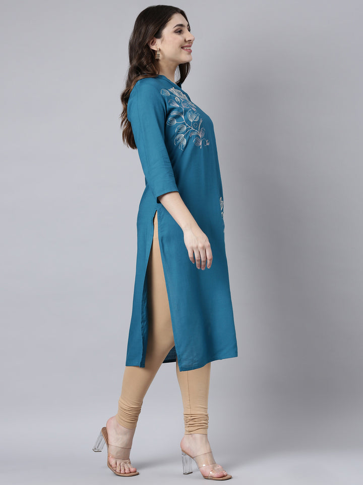 Neerus Blue floral printed straight kurti - back view