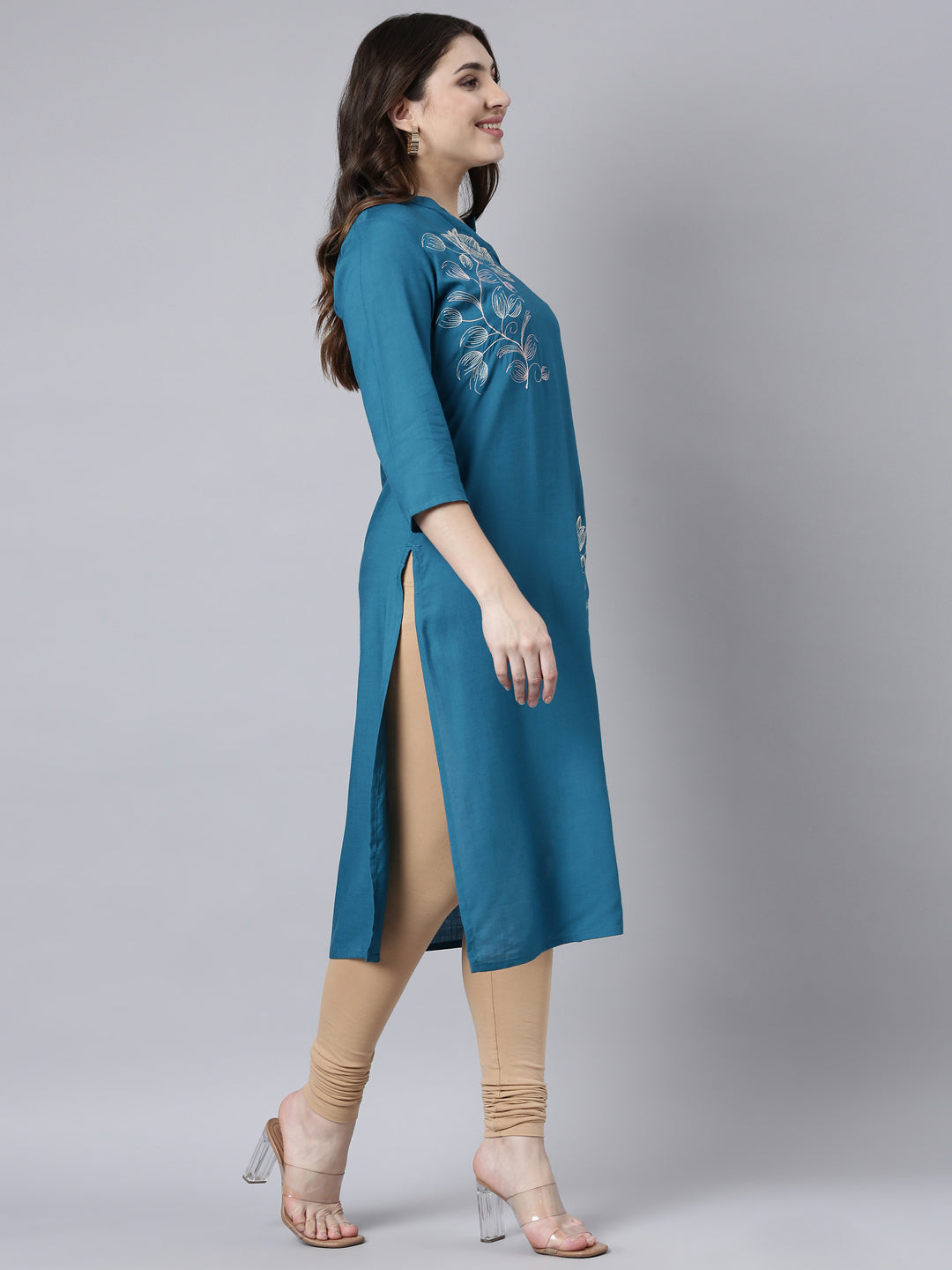 Neerus Blue Regular Straight Floral Kurtas