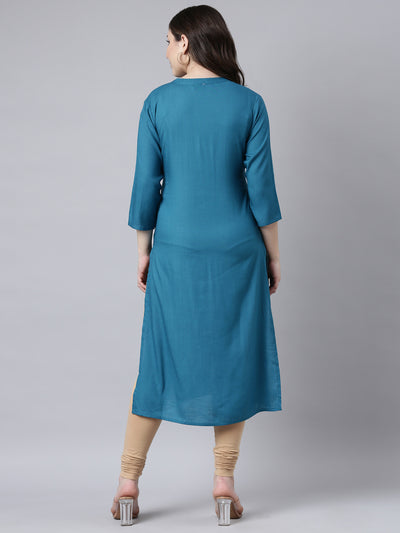 Neerus Blue Regular Straight Floral Kurtas