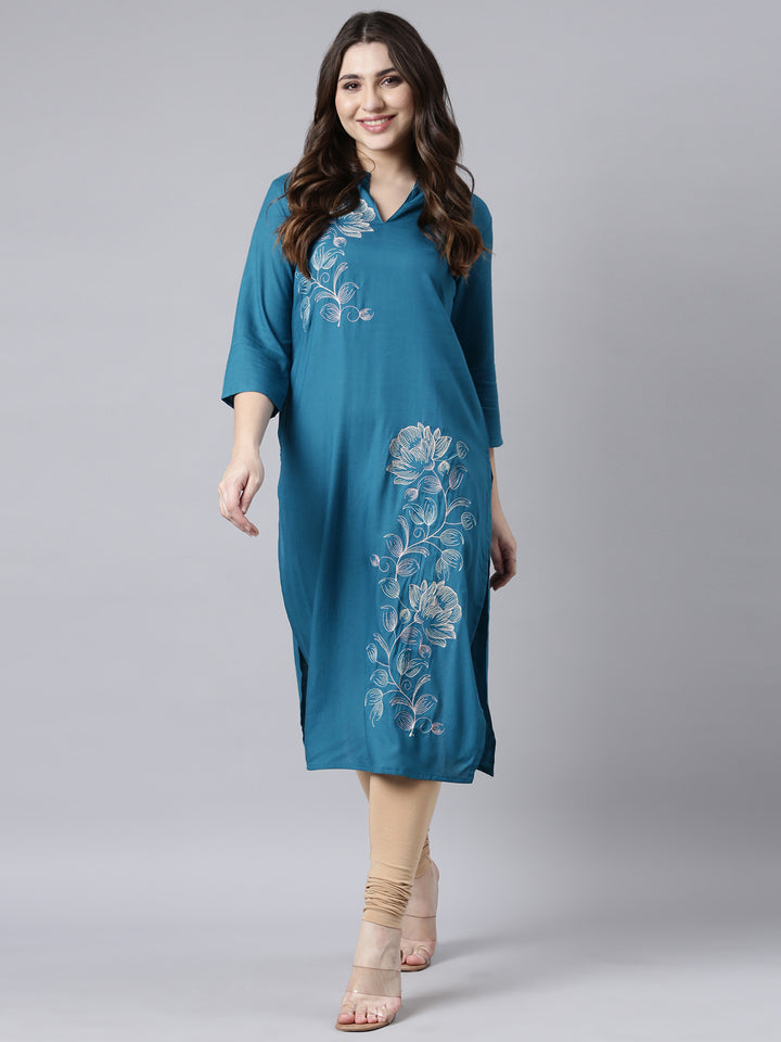 Neerus Blue floral printed straight kurti - detail view 2