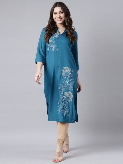 Neerus Blue Regular Straight Floral Kurtas