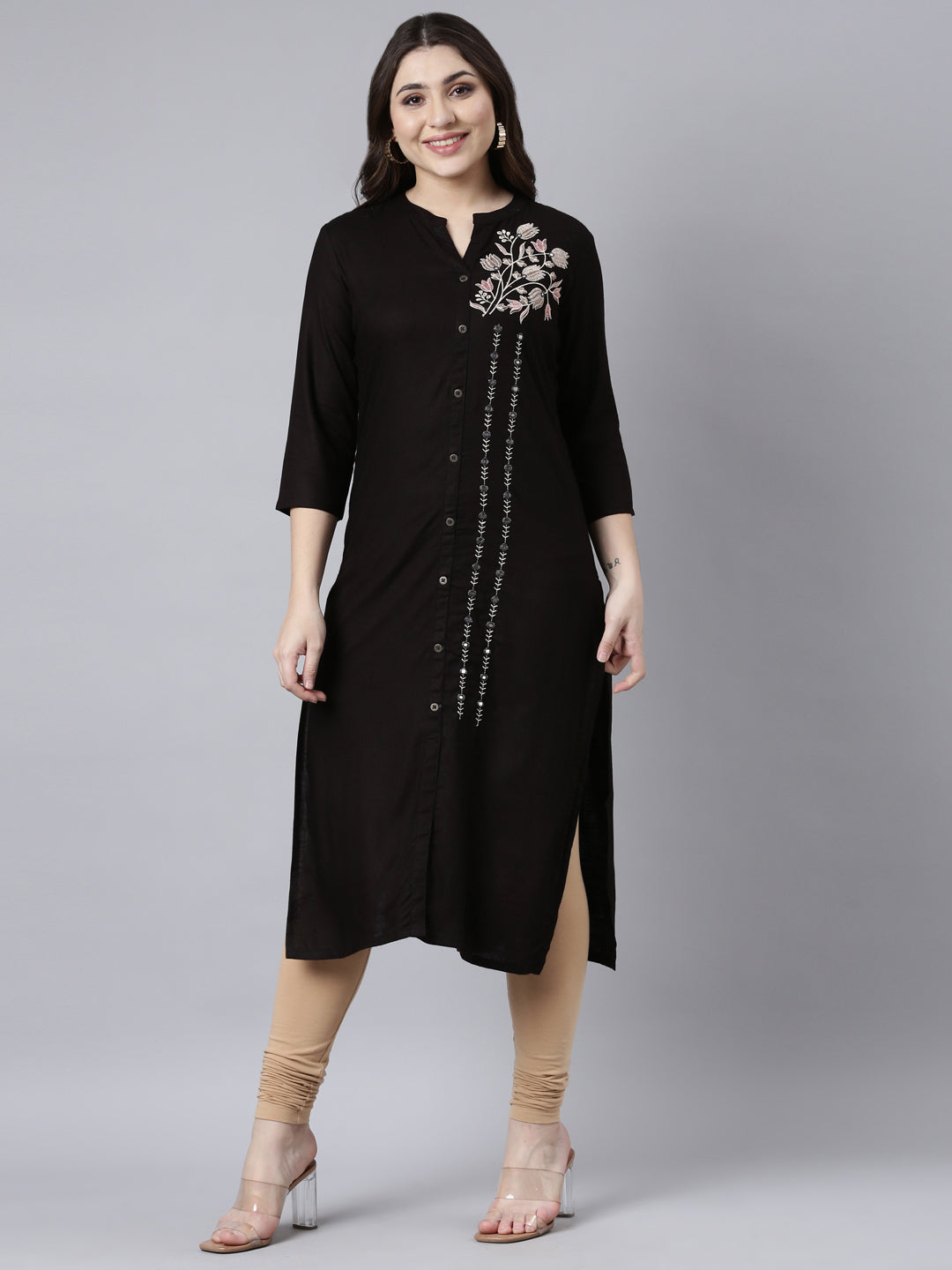 Neerus Black solid straight kurti - front view