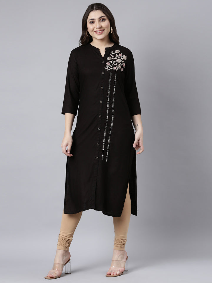 Neerus Black solid straight kurti - front view