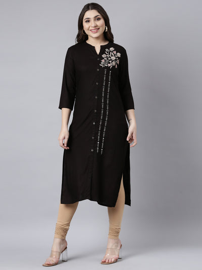 Neerus Black Regular Straight Solid Kurtas