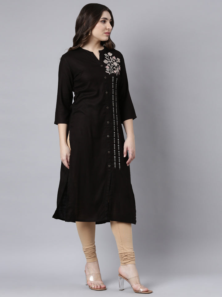 Neerus Black solid straight kurti - back view
