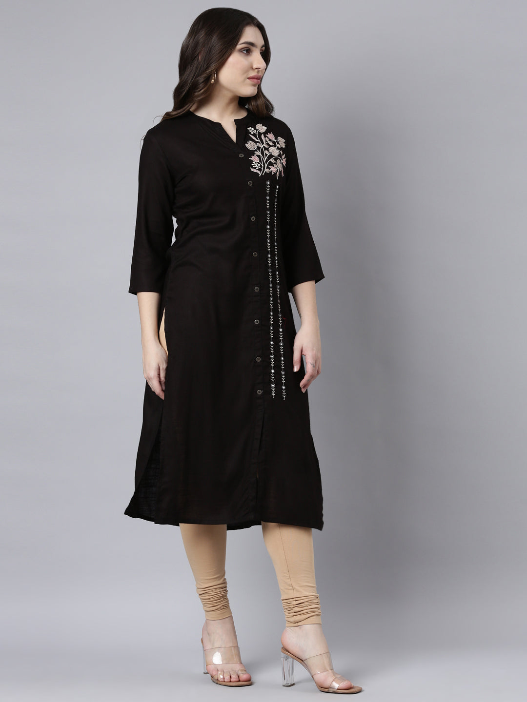 Neerus Black Regular Straight Solid Kurtas